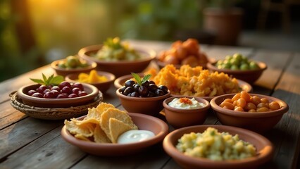 Obraz premium A delightful array of savory snacks and sweet fruits, artfully arranged in rustic terracotta bowls, bathed in the warm glow of sunset