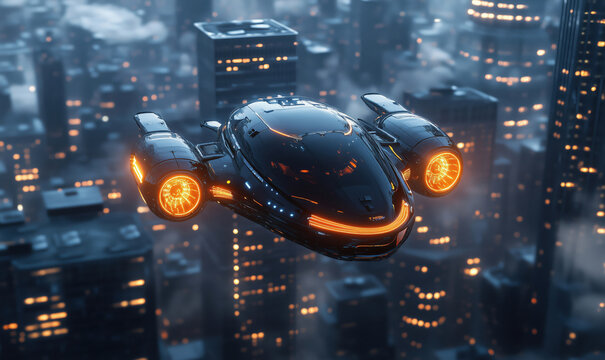 Futuristic flying car soaring above a neon-lit cityscape at night.