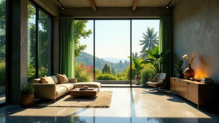 Serene Modern Living Room with Expansive Panoramic View of Lush Greenery and Distant Mountains, Sunlight Streaming Through Floor-to-Ceiling Windows