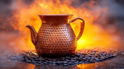 Warm copper pot steaming on coffee bean bed