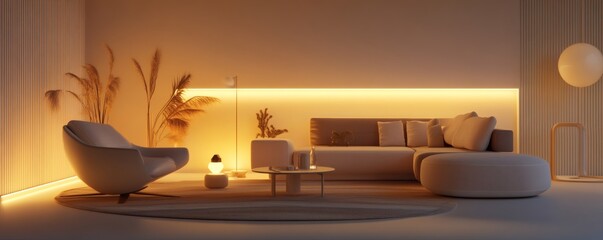 A modern interior design featuring comfortable furniture and warm lighting