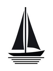Black Sailboat Silhouette Vector with Horizontal Waves on White Background