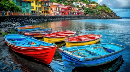 Obraz premium Colorful fishing boats moored at a vibrant waterfront village with colorful houses, reflecting on calm water.