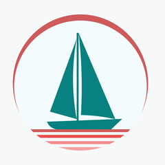Minimalist Sailboat Vector in Circle with Retro Ocean Waves