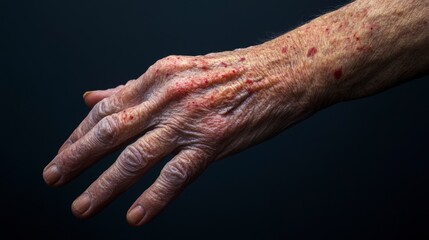 Close-up of an elderly person's hand showing age spots and wrinkles.