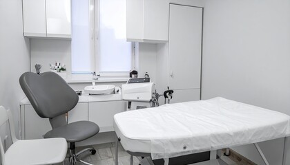A clinical examination room interior featuring a white examination bed a gray chair and medical equipment against a white wall and cabinet under bright lighting