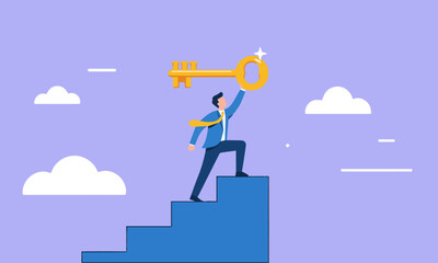 Businessman atop blue stairs reaches for glowing golden key against a light purple, cloudy background, symbolizing achieving the key to success.