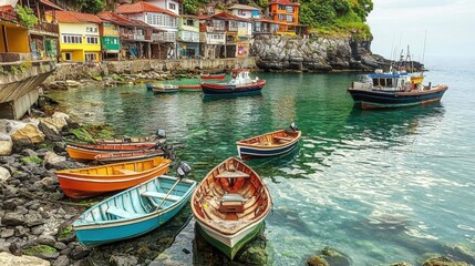 Fototapeta premium Colorful fishing boats moored in a picturesque harbor with vibrant houses on the hillside.