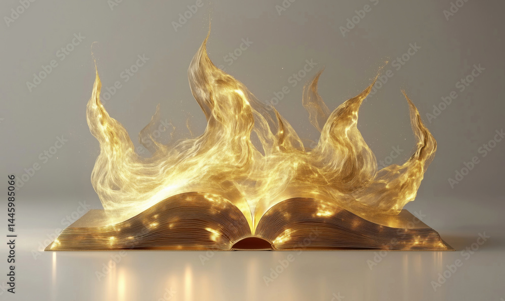 Poster golden book with flames representing knowledge and creativity in a magical setting.
