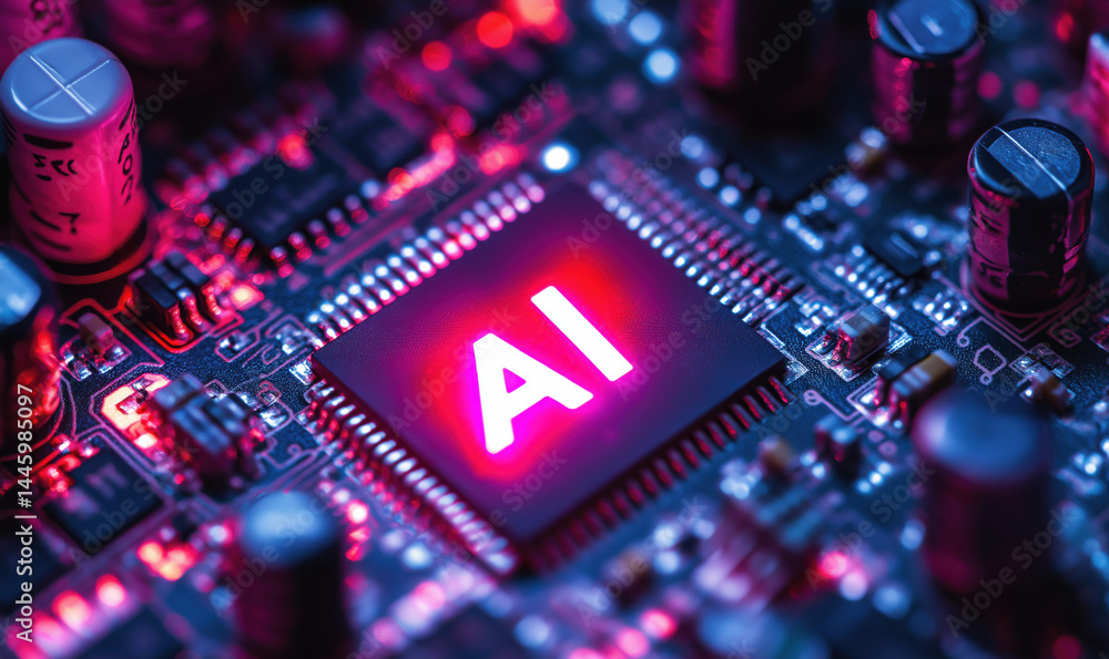 Aufkleber ai microchip on circuit board with neon glow and electronic components.