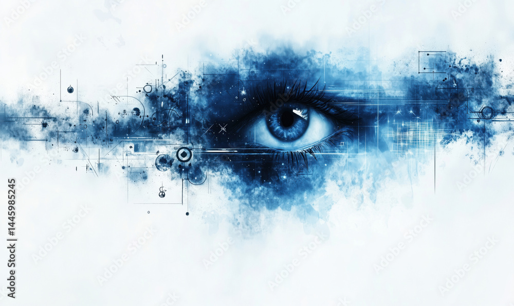 Aufkleber futuristic blue eye design with abstract technology elements and digital patterns.