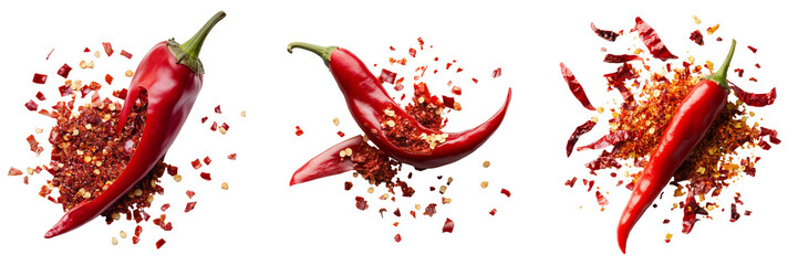 Set of A whole red chili pepper with chili flakes bursting from its core on transparent png background. Ai generated
