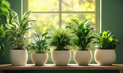 Indoor plants arrangement in modern pots with natural light and green background.
