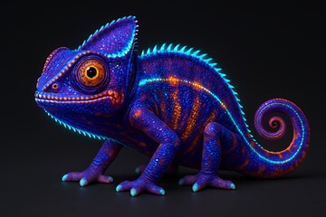 Fototapeta premium A vibrant, glowing chameleon with mesmerizing colors, showcasing its intricate details and unique, magical appearance