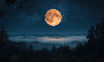 Fototapeta premium Stunning full moon over misty forest landscape at night with starry sky.
