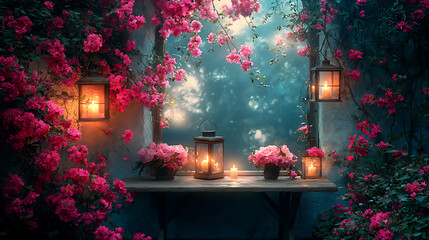 mystical outdoor table with flowers and lanterns at moonlight