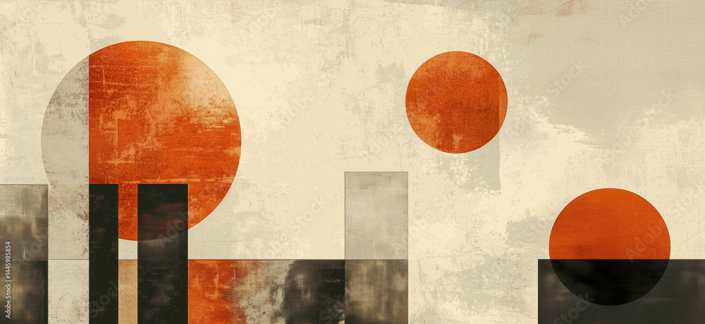 Poster abstract geometric composition with orange circles and black rectangles on textured background.