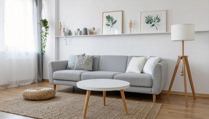 Fototapeta premium Modern Minimalist Living Room with Light Gray Sofa. Light gray sofa with white cushions, round coffee table on jute rug, natural fiber pouf, shelf with decor, tripod lamp, and hanging plant by window
