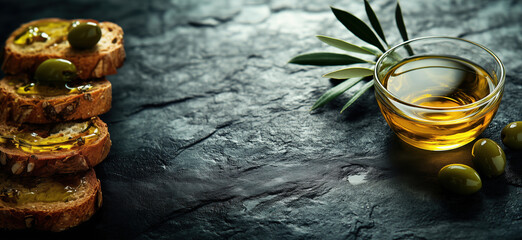 Olive oil and bread with olives on dark stone background for Mediterranean cuisine.