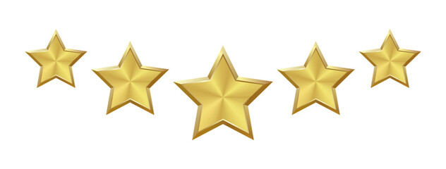 Isolated 5 shiny realistic gold on transparent background, brass star with metallic effect. Five elements for medal, award, rating designation, hotel status, customer feedback, review. Vector EPS10