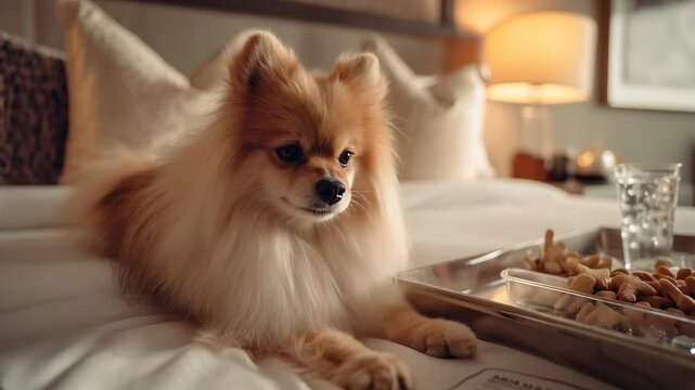 Dog and pet travel concept. Pomeranian dog getting room service comfortably lying on bed in a luxurious bedroom, with treats on a metal tray and soft ambient lighting. Video made using Generative AI.