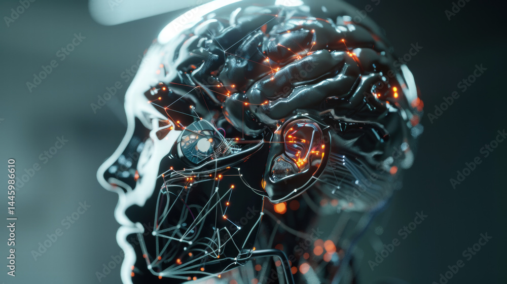 Aufkleber futuristic robotic head with glowing brain connected by neural wires, symbolizing ai technology