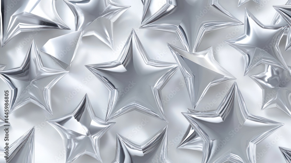 Poster abstract background of many overlapping, silver stars with a glossy, 3d effect. stars vary slightly 