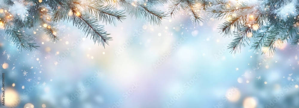 Aufkleber snowy fir branches with bokeh lights and snowflakes on blurred gradient background