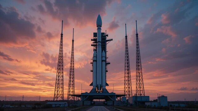 Majestic rocket on launchpad against sunset sky rocket launch space exploration technological advancement innovation engineering spacecraft sunset colors
