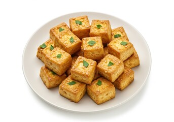 Pile of golden fried tofu cubes garnished with parsley on a white plate