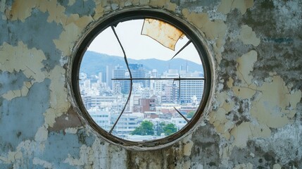 Decayed circular window overlooking a city