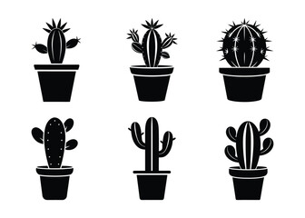 Fototapeta premium Black cactus silhouettes, Vector set cactus icon on white background