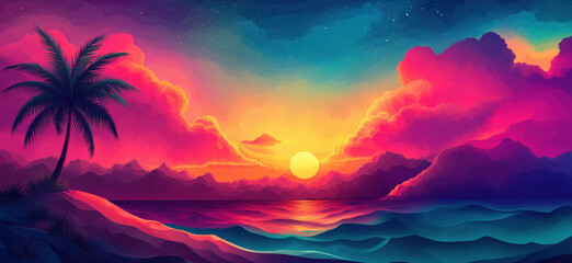 vibrant sunset over ocean with palm tree silhouette and colorful clouds.