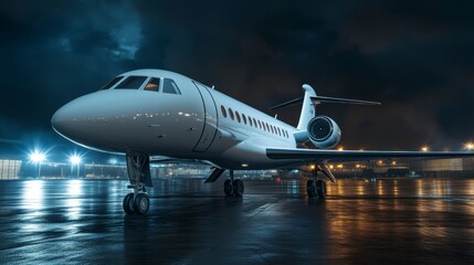 Obraz premium White private jet on wet tarmac at night, illuminated by airport lights.