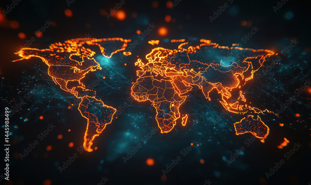 Poster glowing world map with network connections and digital effects.