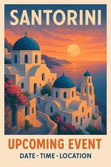 Vintage-style travel poster of Santorini, Greece, featuring white-washed buildings with blue domes at sunset. Illustration of a Mediterranean seaside village with bold typography and warm evening ligh
