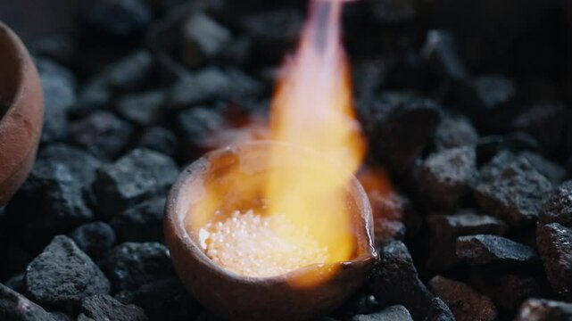 Fire flames in slow motion melt silver for jewelry production