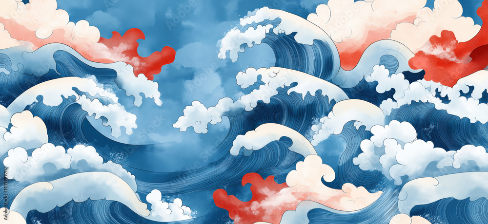 Poster stylized ocean waves with vibrant colors and dynamic movement in a seamless pattern.