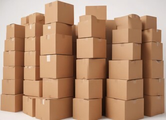 Neat stack of brown cardboard boxes on pristine white background , object, ecology, boxes
