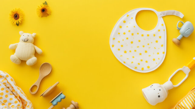 children's accessories including a bib and wooden toys 