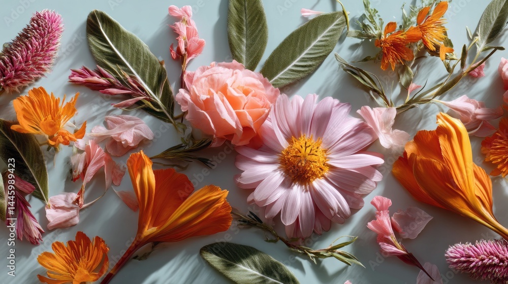 Poster A stunning layout featuring an array of colorful flowers and lush greenery crafted into an artistic design. The arrangement highlights the beauty of nature's palette in a creative display