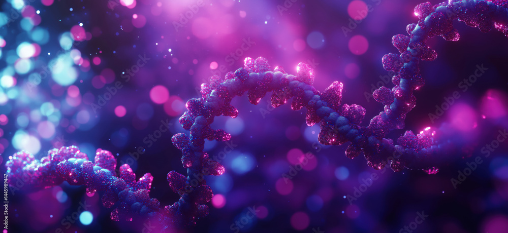 Poster colorful abstract representation of dna helix with glowing particles and bokeh effects.