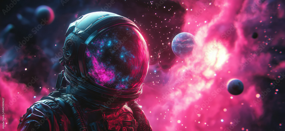 Poster astronaut in cosmic space with colorful nebula and planets surrounding.