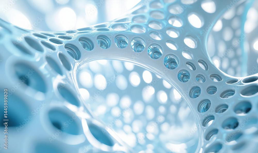 Poster abstract 3d structure with interconnected holes and soft blue lighting.