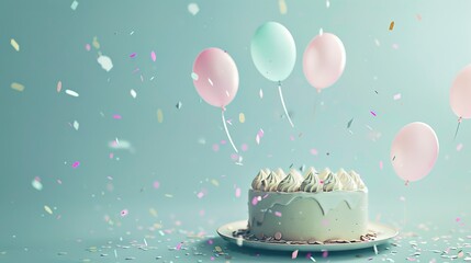 This picture shows a colorful birthday cake with candles, surrounded by balloons and colorful confetti, creating a festive atmosphere.