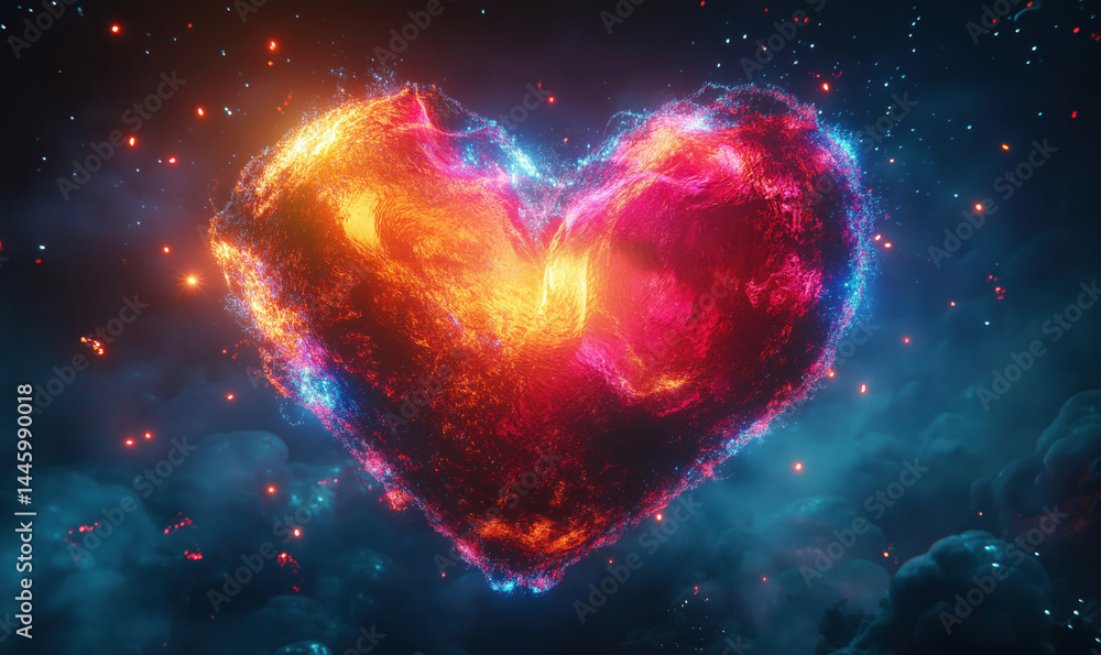 Poster glowing heart shape in cosmic background with vibrant colors and sparkling effects.