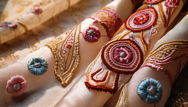 Detailed macro shot of chikankari embroidery on pastel muslin fabric, softly lit with shadows.