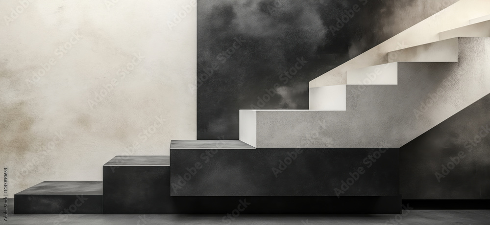 Poster modern minimalist staircase design with contrasting textures and colors.