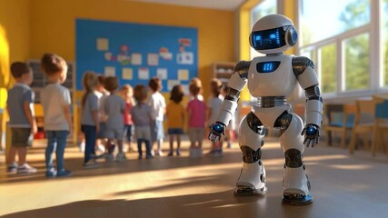 Friendly robot in classroom with children education and technology future of learning educational illustration school bright and aery classroom positive and hopeful message
