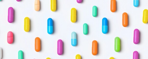 Colorful capsules arranged evenly on a white surface background